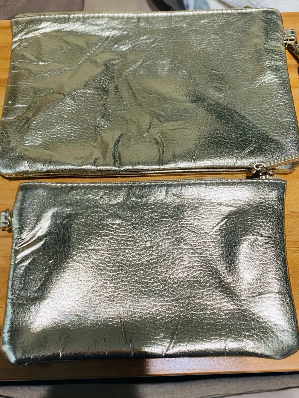 2- Gold Tone Metallic Women's Zip Clutch Bag